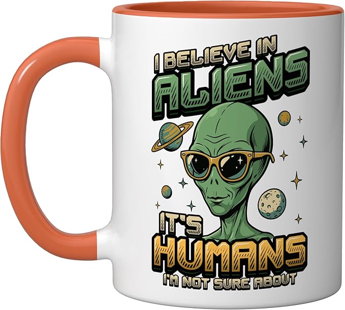 Alien Believer UFO Extraterrestrial Space Lover Ceramic Mug, Orange/White