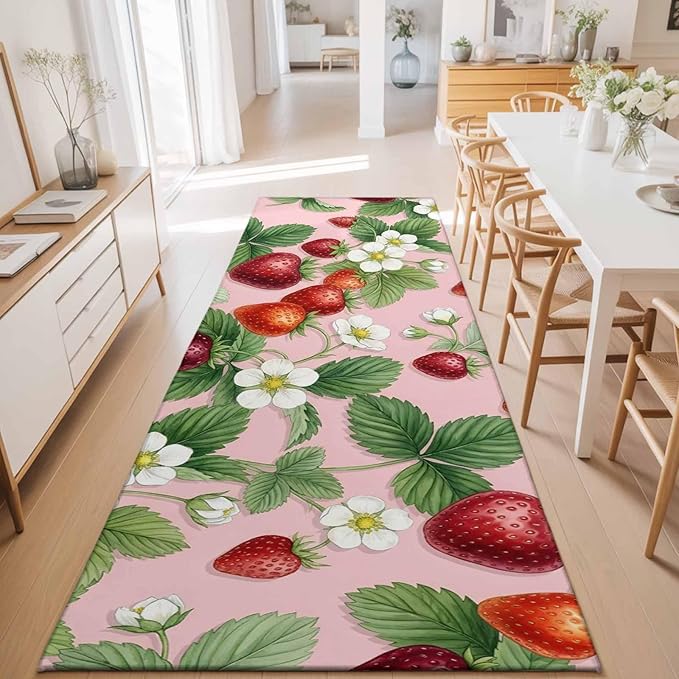 Runner Rug for Bedroom Hallway, Summer Strawberry Bush on Pink Kitchen Runner Rugs Area Rug 2x6ft, Forest Green Foliage Washable Soft Floor Carpet for Entryway Stair