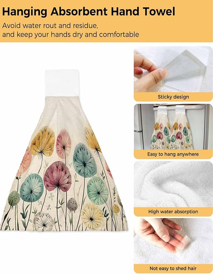 Alandar Home Kitchen Tie Towel Set of 1, Farm Dandelion Plant on Rustic Absorbent Soft Hand Towels for Bathroom Hanging Towels, Watercolor Botanical Fast Drying Cleaning Cloth with Loop