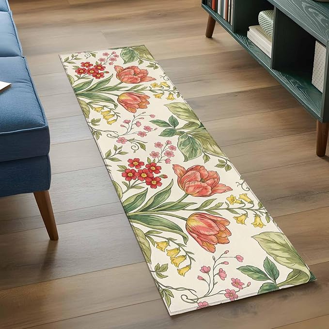 Runner Rug for Bedroom Hallway, Vintage Tulips Red Daisies Kitchen Runner Rugs Area Rug 2x6ft, Yellow Blooms Floral Pattern Washable Soft Floor Carpet for Entryway Stair