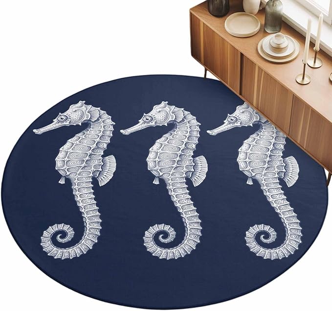 Washable Round Area Rug Ocean Life Seahorse Navy Blue Circle Rugs Floor Carpet for Living Room Bedroom, Summer Nautical Theme Soft Non Slip Round Rug 3ft