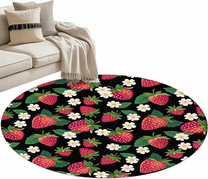 Washable Round Area Rug Red Strawberry Litter Flower Leaves on Black Circle Rugs Floor Carpet for Living Room Bedroom, Summer Fruit Soft Non Slip Round Rug 3ft