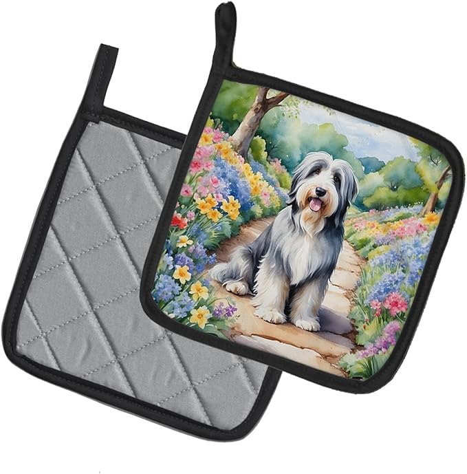 Caroline's Treasures Bearded Collie Spring Garden Pair of Pot Holders Kitchen Heat Resistant Pot Holders Sets Oven Hot Pads for Cooking Baking BBQ, 7 1/2 x 7 1/2