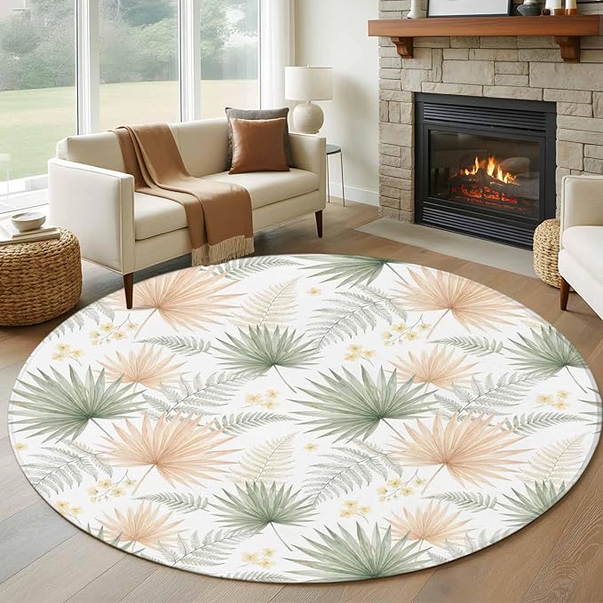 Washable Round Area Rug Boho Tropical Palm Circle Rugs Floor Carpet for Living Room Bedroom, Watercolor Seamless Background Soft Non Slip Round Rug 5ft