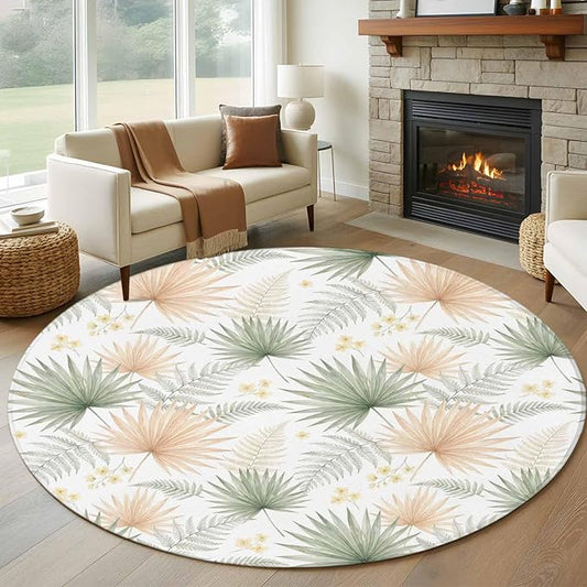 Washable Round Area Rug Boho Tropical Palm Circle Rugs Floor Carpet for Living Room Bedroom, Watercolor Seamless Background Soft Non Slip Round Rug 5ft
