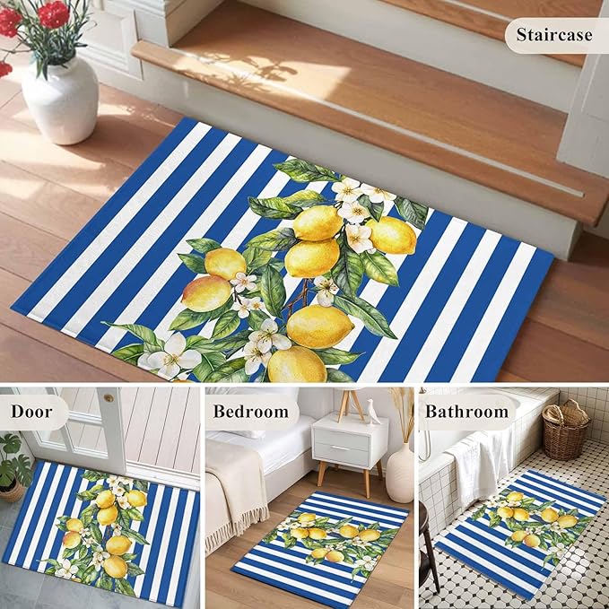 Area Rug 2x3ft, Summer Lemon Green Leaves Watercolor Washable Rugs for Living Room Bedroom, Blue Stripe Soft Non-Slip Area Rugs Rectangle Floor Carpet for Dining Room