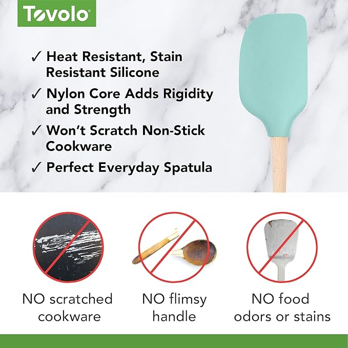 Tovolo Silicone Spatula Wooden Handle for Cooking Baking Mixing, Heat Resistant Food Safe BPA Free Flexible Silicone Baking Spatula with Wood Handles Kitchen Utensils Nonstick Safe, Aqua Seafoam Green
