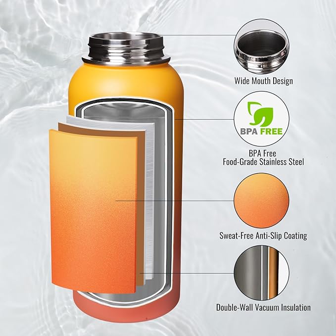 Fijinhom 32 oz Insulated Water Bottle with Handle, 304 Stainless Steel Water Bottles with Wide Mouth, Double Wall Vacuum Sports Water Bottle, BPA Free, Keep Cold and Hot, Yellow&Orange