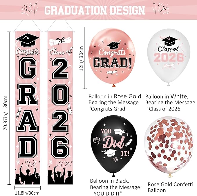 Graduation Decorations Class of 2026 - Rose Gold Graduation Decorations Include Grad Backdrop, Banner, Hanging Swirls, Porch Sign, Balloons for Congrats Grad Party Decorations