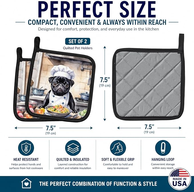 Caroline's Treasures Pug The Chef Pair of Pot Holders Kitchen Heat Resistant Pot Holders Sets Oven Hot Pads for Cooking Baking BBQ, 7 1/2 x 7 1/2