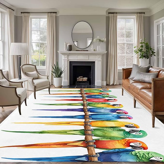 Area Rug 6x9ft, Funny Watercolor Parrot Washable Rugs for Living Room Bedroom, Red Green Blue Gradient Bird Soft Non-Slip Area Rugs Rectangle Floor Carpet for Dining Room