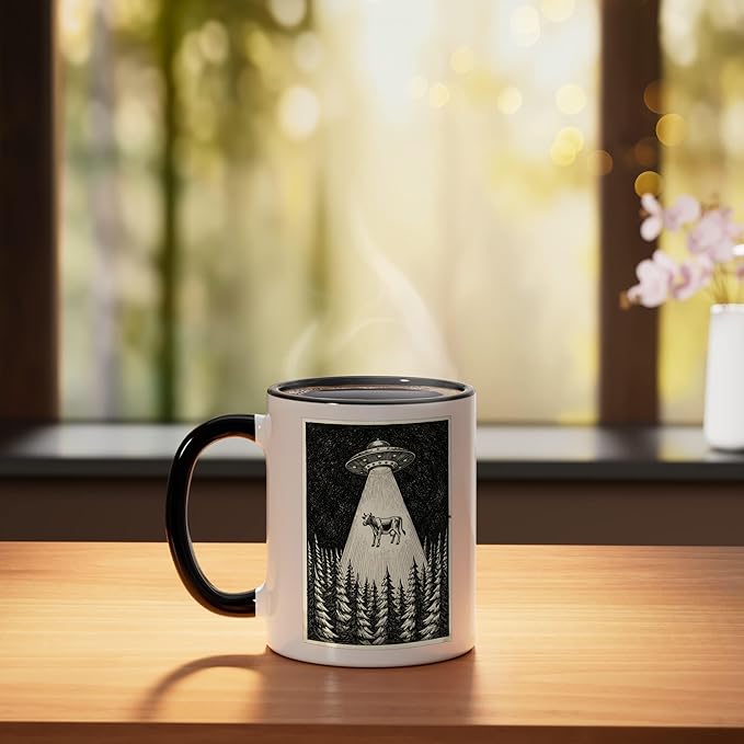 Woodcut UFO Cow Abduction Retro Sci Fi Engraving Art Ceramic Mug, Black/White