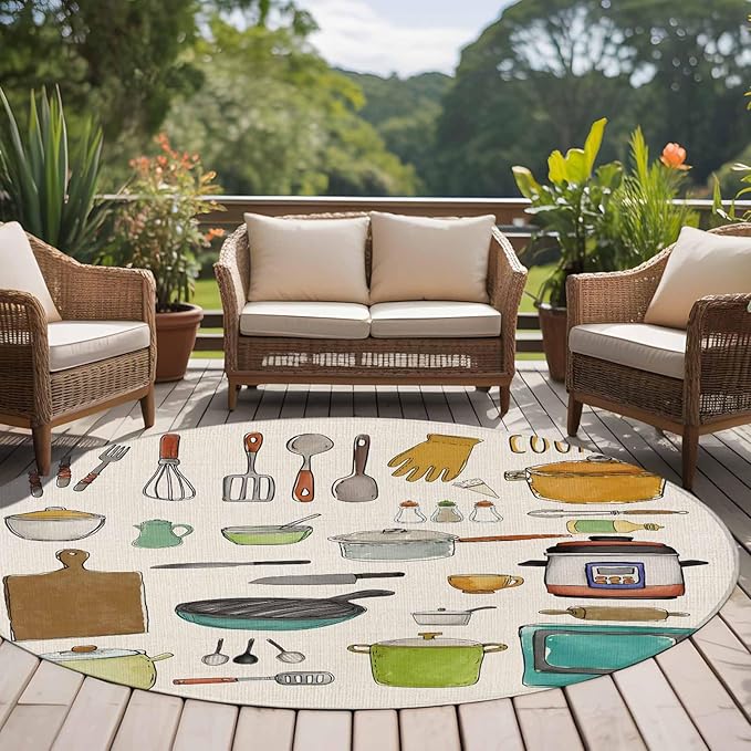 Cooking Kitchenware Kitchen Tool Pattern Round Rugs 6ft for Living Room Washable Circle Rug Non-Slip Carpet Soft Mat for Bedroom Dining Room Bathroom Home Holiday Decorations Indoor