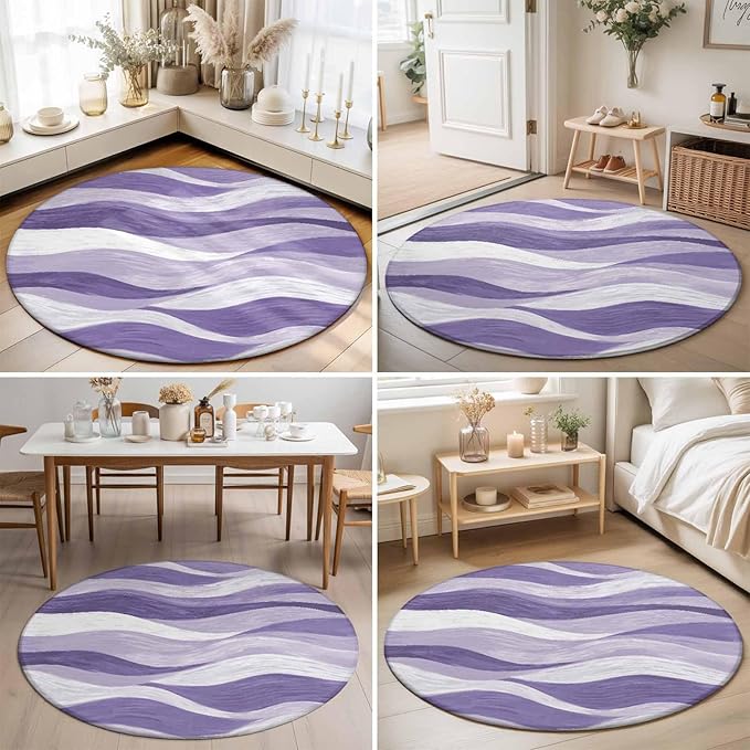 Washable Round Area Rug Abstract Lavender Purple White Water Ripples Circle Rugs Floor Carpet for Living Room Bedroom, Modern Art Soft Non Slip Round Rug 5ft