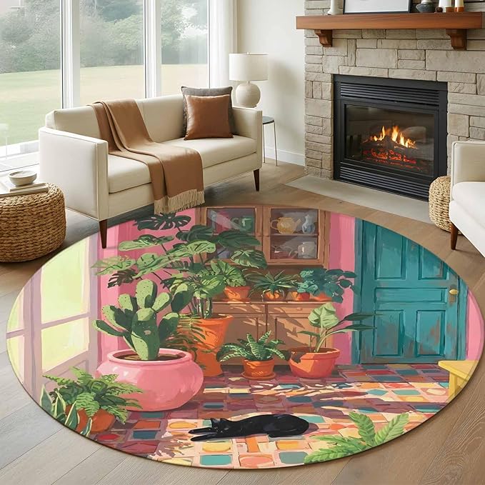 Washable Round Area Rug Sleeping Cat Pink Sunlit Room Circle Rugs Floor Carpet for Living Room Bedroom, Potted Plants Soft Non Slip Round Rug 5ft