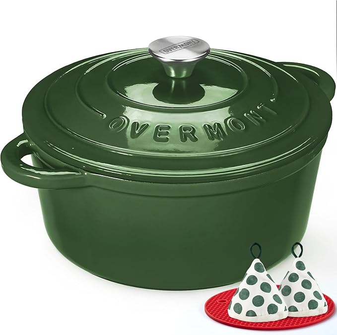 Overmont Enameled Cast Iron Dutch Oven - 5.5QT Pot with Lid Cookbook & Cotton Potholders - Heavy-Duty Cookware for Braising, Stews, Roasting, Sourdough Baking Glossy Green