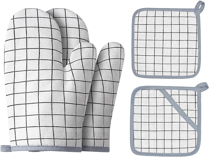 Oven Mitts and Potholders BBQ Gloves-Oven Mitts and Pot Holders with Recycled Infill Silicone Non-Slip Cooking Gloves for Cooking Baking Grilling (4-Piece Set) (White)