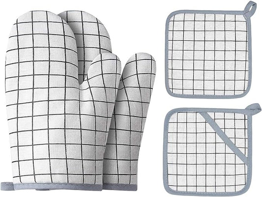 Oven Mitts and Potholders BBQ Gloves-Oven Mitts and Pot Holders with Recycled Infill Silicone Non-Slip Cooking Gloves for Cooking Baking Grilling (4-Piece Set) (White)
