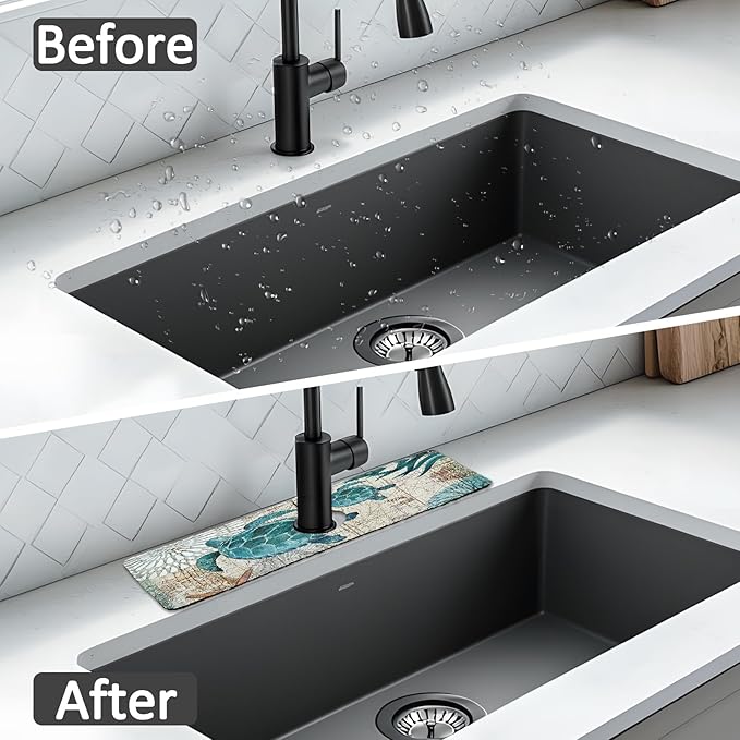 15" X 5.5" Kitchen Sink Splash Guard Faucet Mat Sea Turtles Super Absorbent Fast Drying Faucet Guard & Draining Mat Sink Splash Guard Behind Faucet for Kitchen, Bathroom
