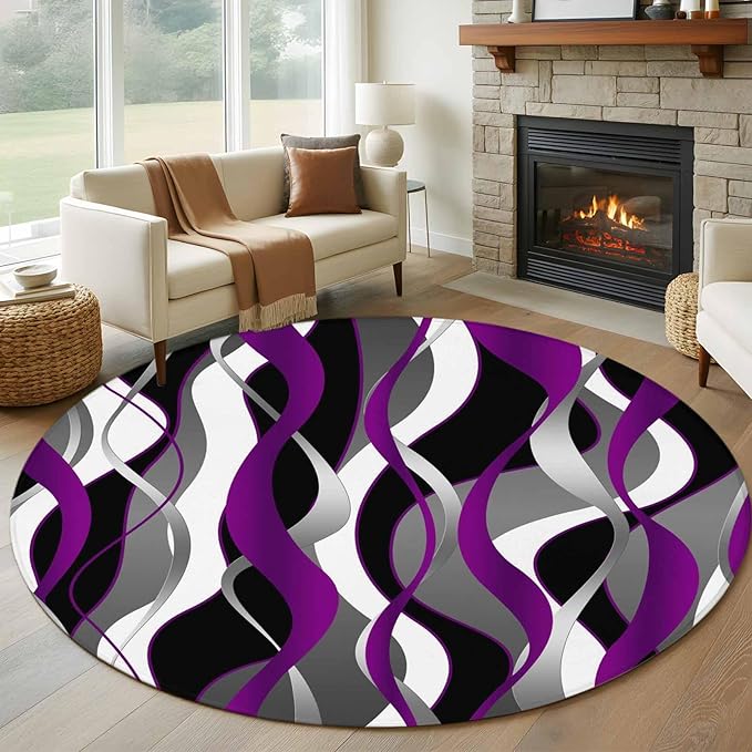 Washable Round Area Rug Abstract Purple Gray Black White Stripes Circle Rugs Floor Carpet for Living Room Bedroom, Modern Lines Soft Non Slip Round Rug 5ft