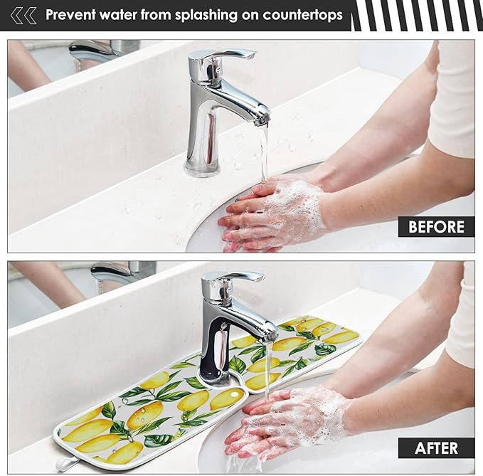 Kitchen Faucet Absorbent Mat,Lemon Water Splash Guard for Sink, Faucet Drip Catcher Thicken Sponge Microfiber Faucet Water Catcher Mat Sink Absorbent Mat for Kitchen 23x5in 2 Pack