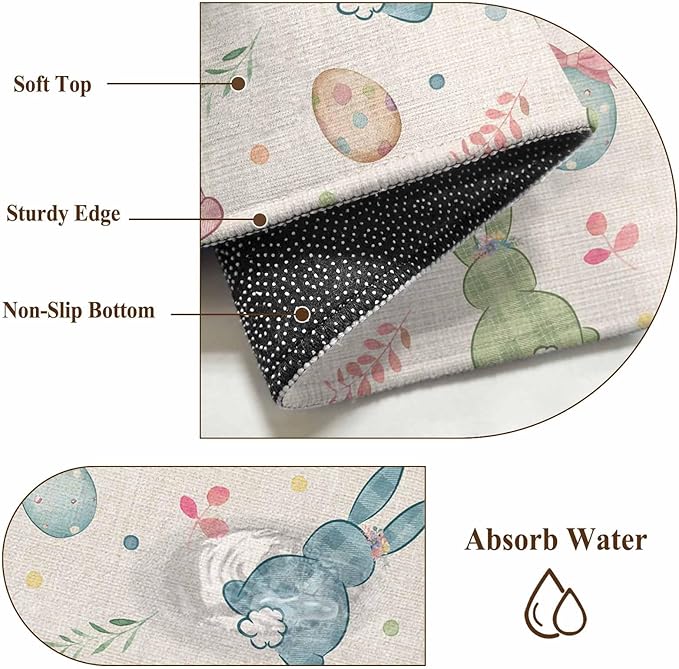 Washable Round Area Rug Happy Easter Cute Plaid Bunny Circle Rugs Floor Carpet for Living Room Bedroom, Colorful Egg Leaves Farm Linen Soft Non Slip Round Rug 3ft