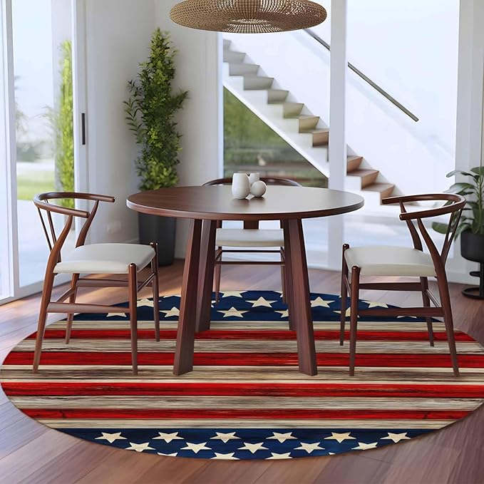 Washable Round Area Rug Vintage Stripes and Stars Circle Rugs Floor Carpet for Living Room Bedroom, Patriotic 250th Anniversary Soft Non Slip Round Rug 5ft