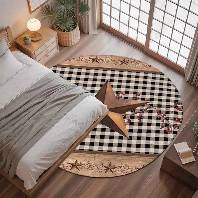Brown Texas Star Retro 3.3ft Round Rug, Country Star Non-Skid Rubber Backing Large Area Rugs - Living Room Bedroom Home Office, Black White Plaid Wooden Indoor Floor Mat Carpets Washable Rug