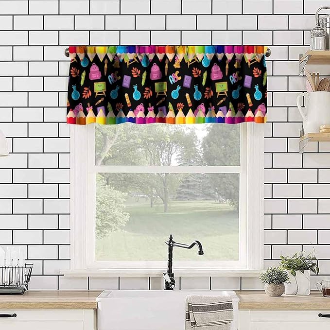 School Supplies Valance, Colorful Cartoon Crayon Pencil Educational Learning Window Treatment for Kitchen Bedroom Study Room Classroom, 54x18Inch