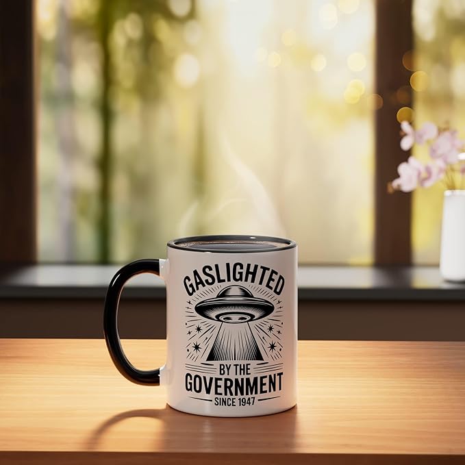 Since 1947 Gaslighted by the Government UFO Ceramic Mug, Black/White