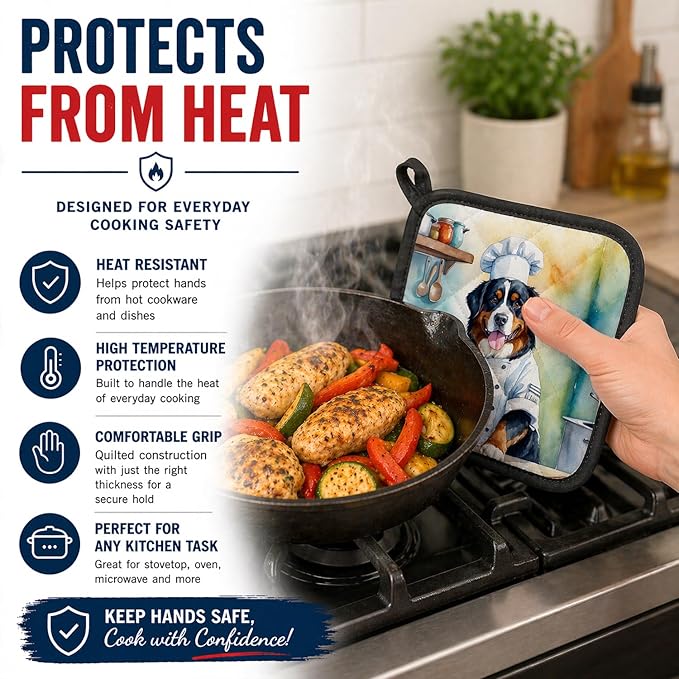 Caroline's Treasures Bernese Mountain Dog The Chef Pair of Pot Holders Kitchen Heat Resistant Pot Holders Sets Oven Hot Pads for Cooking Baking BBQ, 7 1/2 x 7 1/2