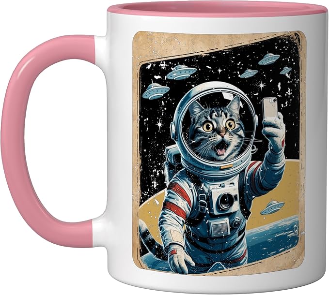 Space Cat Astronaut UFO Funny Sci-fi Alien Selfie Ceramic Mug, Pink/White