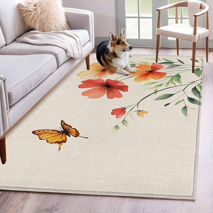 Area Rug 4x6ft, Summer Watercolor Flower Butterfly Washable Rugs for Living Room Bedroom, Green Leaves Retro Linen Soft Non-Slip Area Rugs Rectangle Floor Carpet for Dining Room