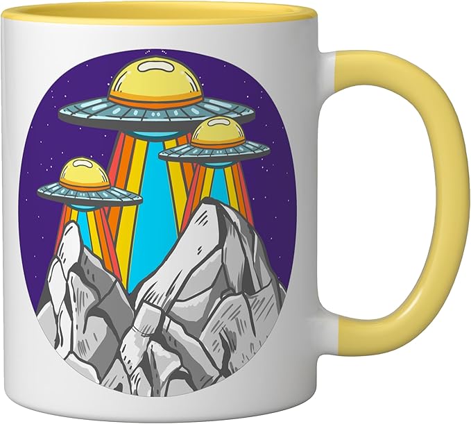 UFO Mountains Retro Spaceship Alien ET Space Galaxy Gift Ceramic Mug, Yellow/White