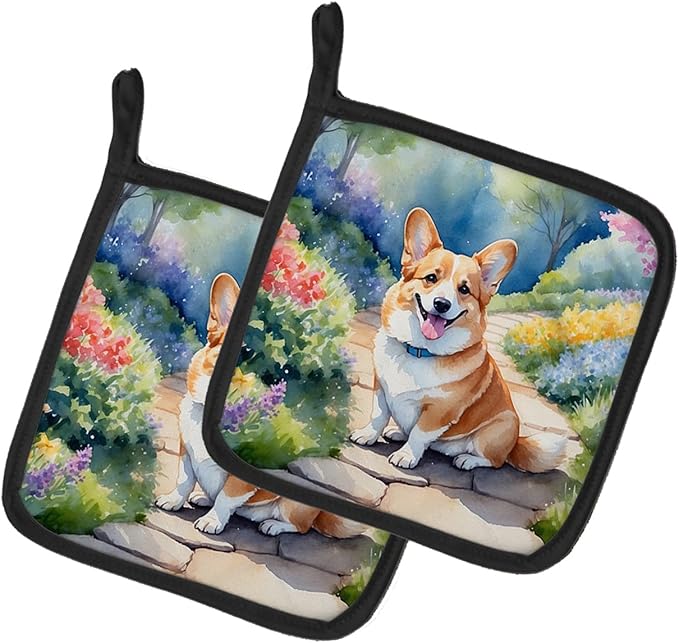 Caroline's Treasures Corgi Spring Path Pair of Pot Holders Kitchen Heat Resistant Pot Holders Sets Oven Hot Pads for Cooking Baking BBQ, 7 1/2 x 7 1/2