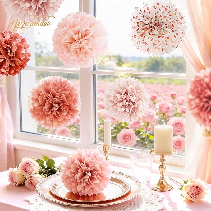 NICROLANDEE Wedding Decorations - 12 PCS Rose Gold Tissue Paper Pom Poms for Engagement Party Wedding Birthday Bridal Shower Bachelorette Baby Shower Ceiling Valentine's Day Party Backdrop Decor