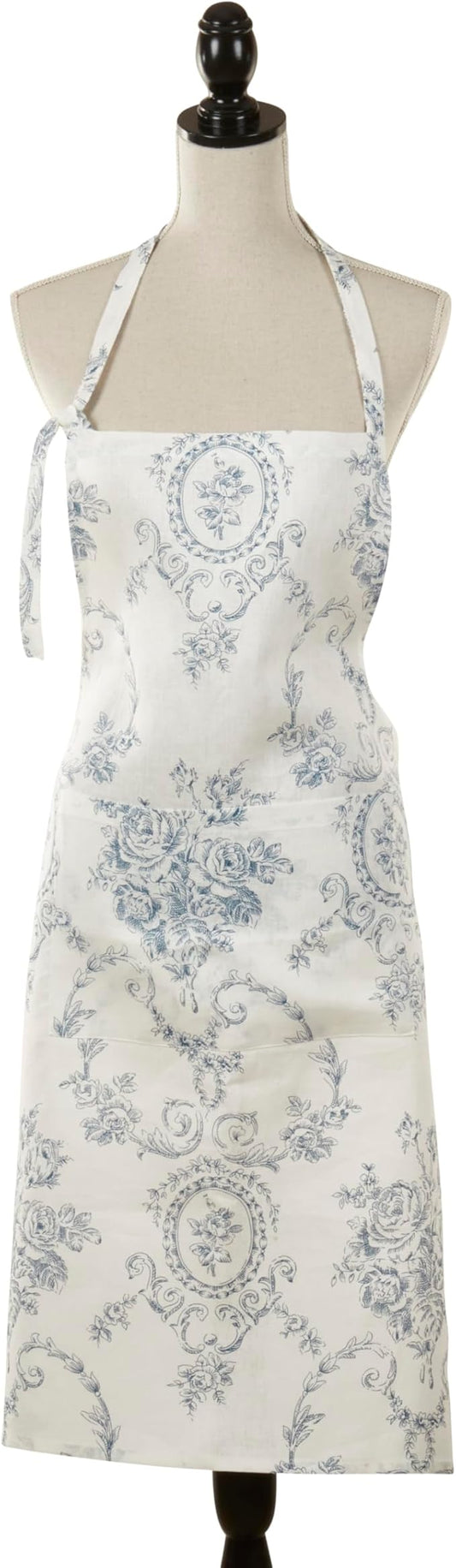SARO LIFESTYLE Floral Linen Blend Kitchen Apron with Pocket – Adjustable Neck & Waist Ties for Cooking, Baking & Entertaining, 28"x35"
