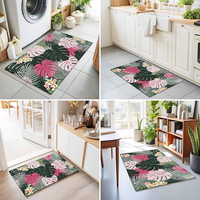 Area Rug 2x3ft, Summer Watercolor Pink Green Leaf Washable Rugs for Living Room Bedroom, Tropical Flower Leaves Plant Soft Non-Slip Area Rugs Rectangle Floor Carpet for Dining Room