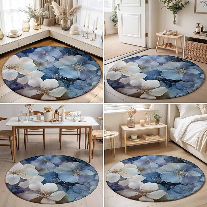Washable Round Area Rug Watercolor White Navy Blue Floral Foliage Circle Rugs Floor Carpet for Living Room Bedroom, Abstract Flower Soft Non Slip Round Rug 5ft