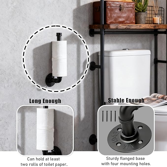 Wall Mount Industrial Paper Towel Holder, Heavy-Duty Retro Country Duct Roll Holder for Kitchen, Bathroom, Bedroom, and Outdoor Use, Black, 13 Inch (2 Pack)