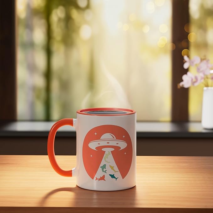 Funny UFO shark lover humor UFO lover flying saucer Ceramic Mug, Orange/White