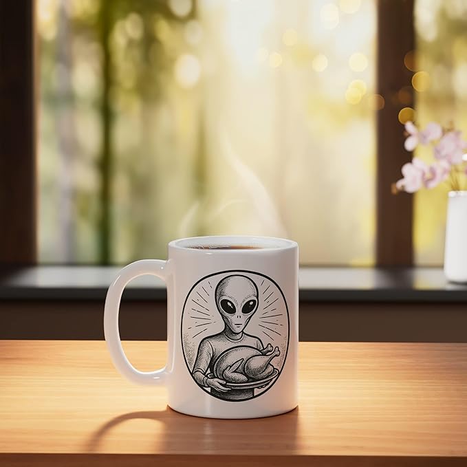 Alien with Thanksgiving Turkey Ceramic Mug, White