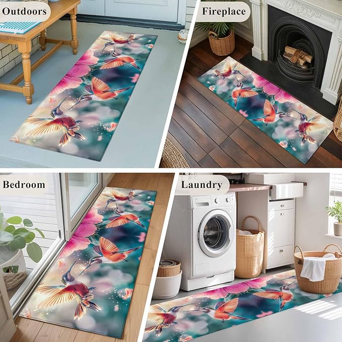 Runner Rug for Bedroom Hallway, Spring Hummingbird Pink Petals Flowers Kitchen Runner Rugs Area Rug 2x6ft, Dreamlike Animal Focus Scenery Washable Soft Floor Carpet for Entryway Stair