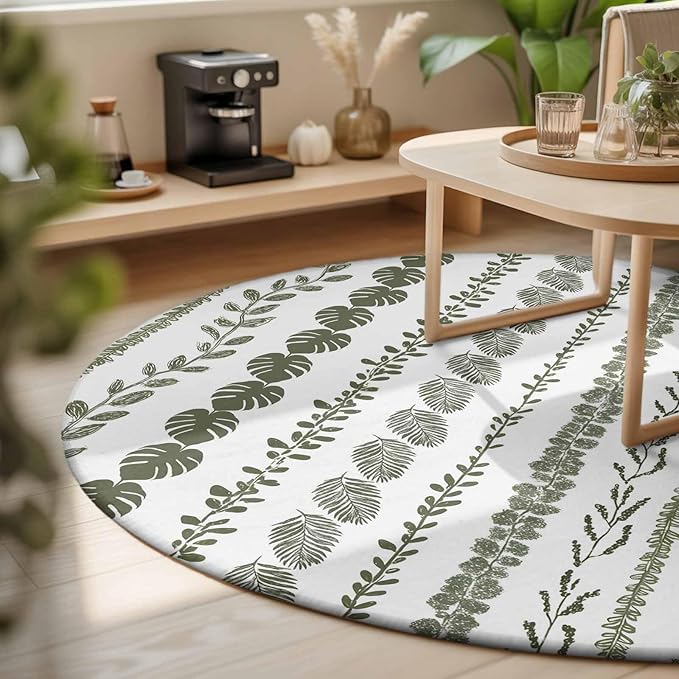 Washable Round Area Rug Summer Tropical Leaf Seamless Circle Rugs Floor Carpet for Living Room Bedroom, Farmhouse Green Leaves Plant Soft Non Slip Round Rug 3ft