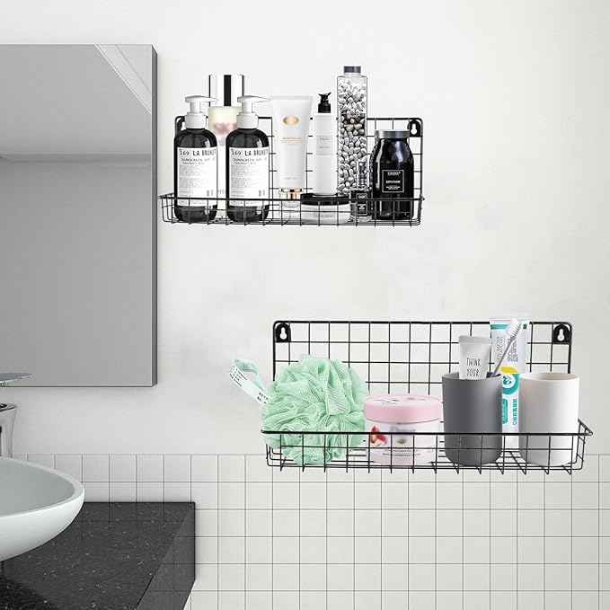 2 Pcs Hanging Wall Wire Baskets,Shower Caddy Shelf Organizer Rack,Wall Mounted Shelf for Kitchen Bathroom,Bathroom Organizers and Storage Baskets,Metal Wire Storage Bin Rack Organizer