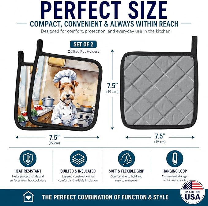 Caroline's Treasures Fox Terrier The Chef Pair of Pot Holders Kitchen Heat Resistant Pot Holders Sets Oven Hot Pads for Cooking Baking BBQ, 7 1/2 x 7 1/2