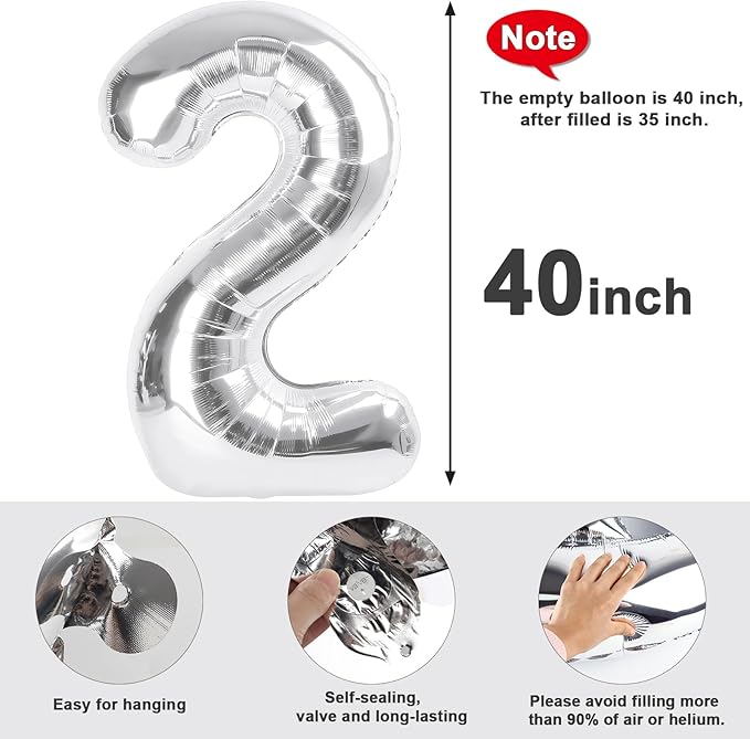 2 Numbers Balloon 40 Inch Silver Two Balloon Number Birthday Decor, 2nd 12 21st Party Celebration Decorations Graduations Wedding Baby Shower