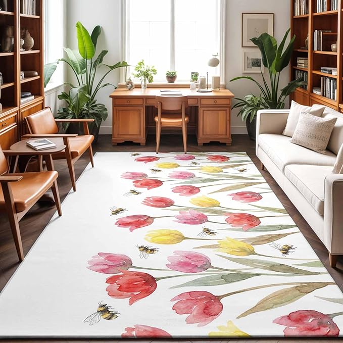 Area Rug 3x5ft, Red Pink Yellow Tulips Bees Washable Rugs for Living Room Bedroom, Watercolor Flower Leaves Soft Non-Slip Area Rugs Rectangle Floor Carpet for Dining Room