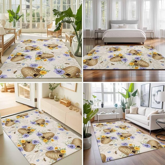 Area Rug 4x6ft, Garden Beehives Honeybees Washable Rugs for Living Room Bedroom, Country Purple Floral Soft Non-Slip Area Rugs Rectangle Floor Carpet for Dining Room