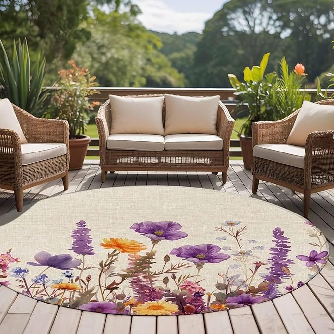 Washable Round Area Rug Country Flower Purple Lavender Plant Circle Rugs Floor Carpet for Living Room Bedroom, Retro Linen Soft Non Slip Round Rug 5ft